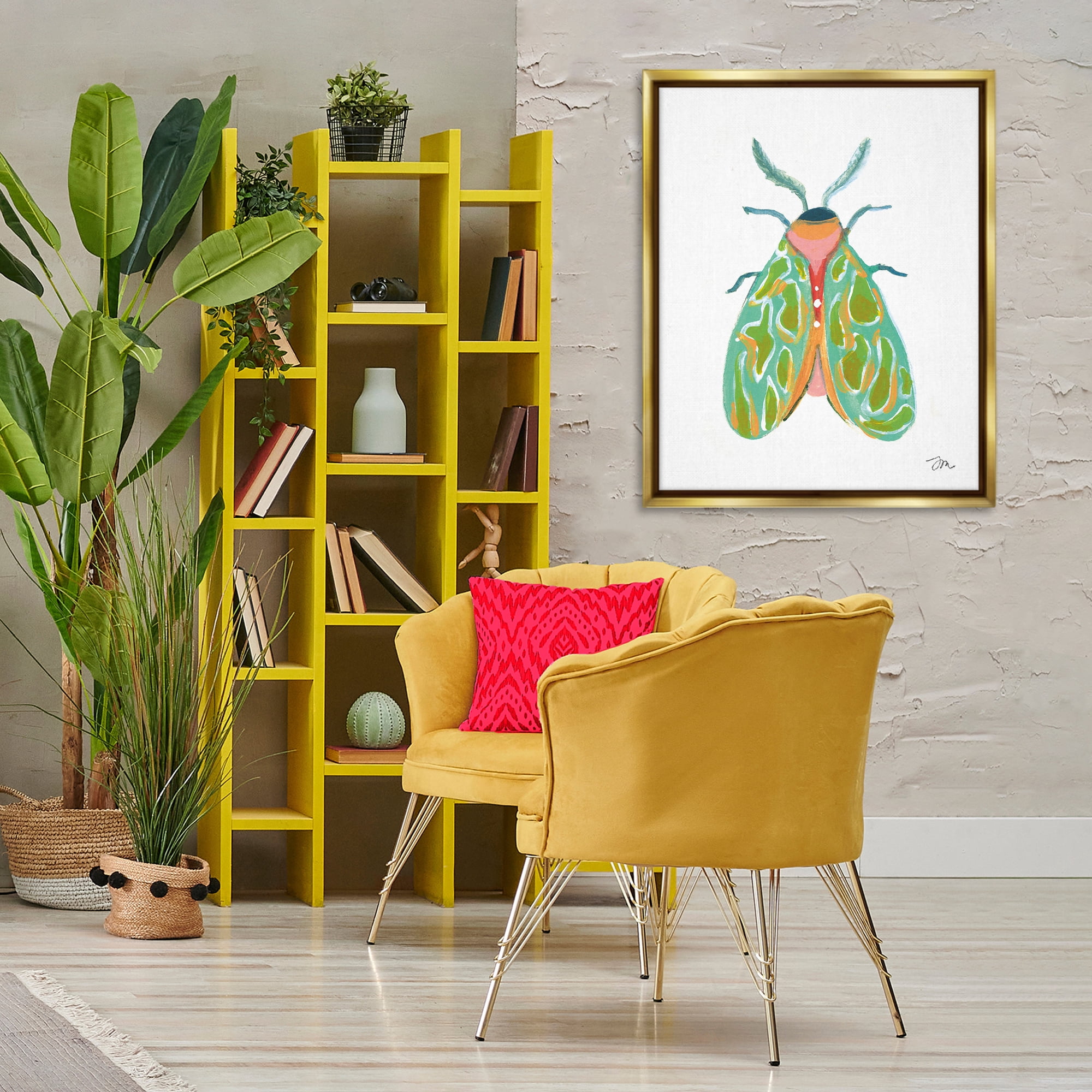 Stupell Industries Green Pattern Moth Insects Painting Gold Floater Framed Canvas Art Print Wall Art, 25 x 31