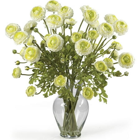 Nearly Natural Ranunculus Liquid Illusion Silk Flower Arrangement  Cream Not for outdoor use. Packed full of 12 vibrantly colored stems. Features gorgeous green leaves. Artificial water set in a beautiful glass vase. Included container size: 6.5 in. W X 10.5 in. H18 in. W X 18 in. D X 24 in. H (7lbs). Add a touch of spring to your home with this beautiful silk ranunculus flower arrangement. This breathtaking beauty stands 24  tall  contains 12 stems of flowers with blossoms and buds. It comes in 5 brilliant colors: Beauty  cream  red  yellow  and mixed. It also features gorgeous green leaves all set in a classic glass vase with artificial water. For your home or as a lovely gift  this silk arrangement is something you don t want to miss!