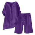 thumbnail image 5 of UVEASISHA Womens 2 Piece Linen Set Summer Casual Beach Outfits Short Sleeve Henley Shirt and Wide Leg Shorts Sets Purple XXXXL, 5 of 6
