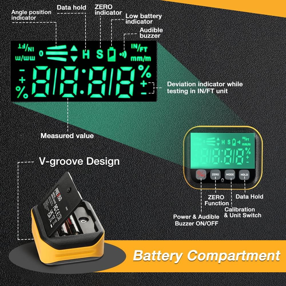 PREXISO Angle Gauge Magnetic, Angle Finder - Digital Level Electronic, Protractor Angle Cube Inclinometer for Woodworking, Table Saw, Construction, Masonry, Machinery, 0-360° Bright Backlit Display