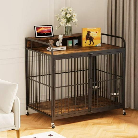 Large Dog Crate, Dog Kennel Furniture with Adjustable Height & 360° Rotating Feeder, Decorative Dog Crate for Large Dogs Indoor, 39.76"L X 22.5"W X 38.58"H, Brown