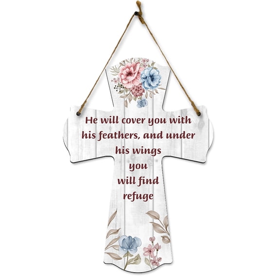 He will cover you with his feathers, and under his wings you will find refuge Cross Hanging Sign | Rustic Twine | Inspiring Religious Bible Decor
