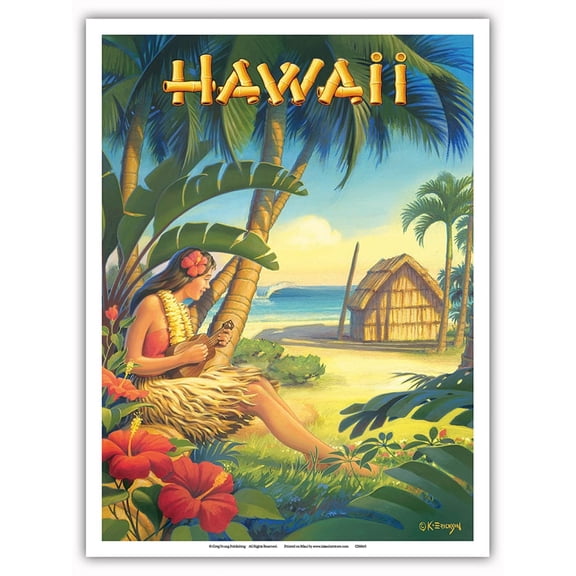 Hawaii - Hula Dancer with Ukulele - Vintage Hawaiian Travel Poster by Kerne Erickson - Master Art Print (Unframed) 9in x 12in