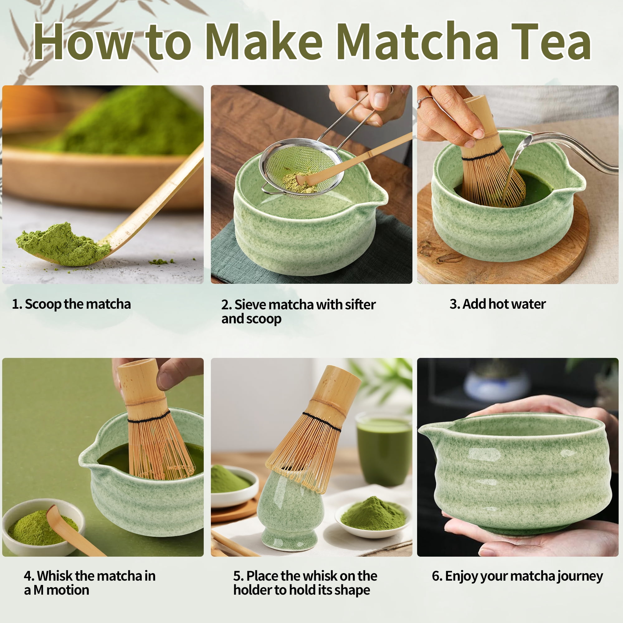 Matcha Whisk Set, Ceramic Matcha Set Includes Matcha Bowl, Matcha Whisk and Holder, Bamboo Scoop, Scoop Rest, Matcha Sifter Tea Towel and Milk Frother - 8 Pcs Matcha Tea Kit for Matcha Lovers