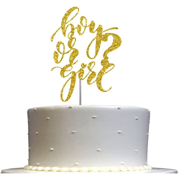 Boy or Girl Cake Topper Gold Glitter, Gender Reveal, Baby Shower Party Decoration, Sturdy Doubled Sided Glitter, Acrylic Stick. Made in USA