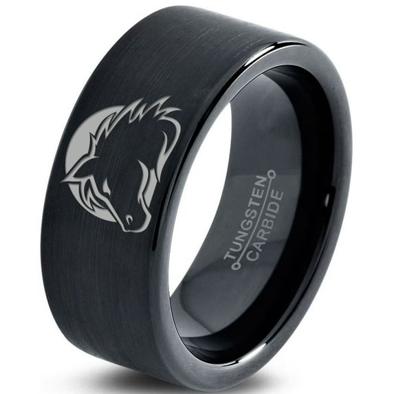 Tungsten Horse Horses Equestrian Equine Equidae Band Ring 9mm Men Women Comfort Fit Black Flat Cut Brushed Polished