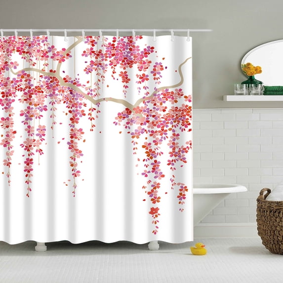 Shower Curtain, 72 x 72 inches Waterproof Liner Set with Hooks for Bathroom, Peach Blossom A