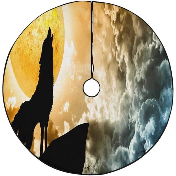 FMSHPON Wolf Under The Moon Xmas Christmas Tree Skirt Stand Mat for Holiday Party Decoration Indoor Outdoor 36 inches