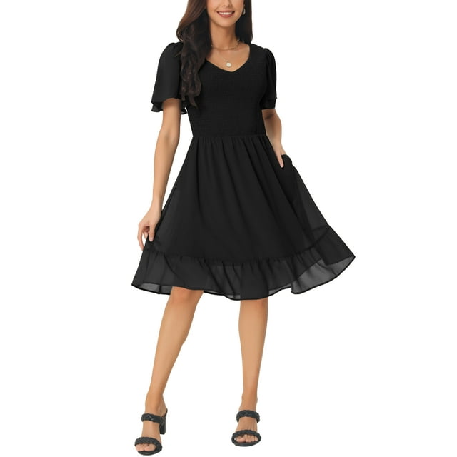 INSPIRE CHIC Robes en Chiffon Fluides pour Femmes Été Smockées Col en V Manches Courtes à Volants Robe Mini Décontractée Noire P