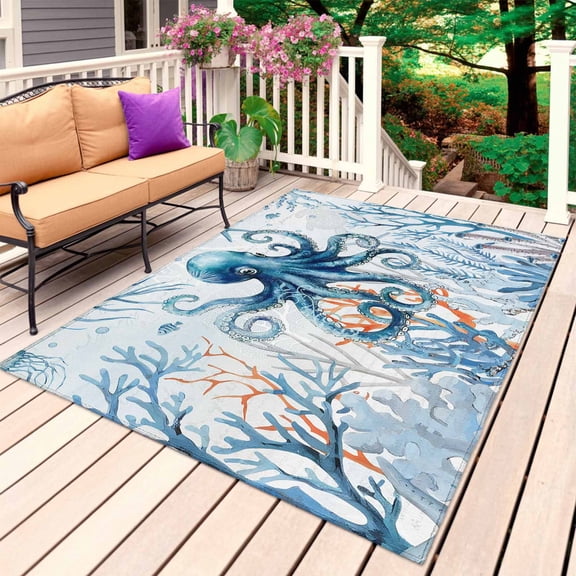 Octopus Outdoor Rug for Patio/Deck/Porch, Non-Slip Large Area Rug 3 x 5 Ft, Blue Coastal Starfish Ocean Coral Nautical Indoor Outdoor Rugs Washable Area Rugs, Reversible Camping Rug Carpet Runner