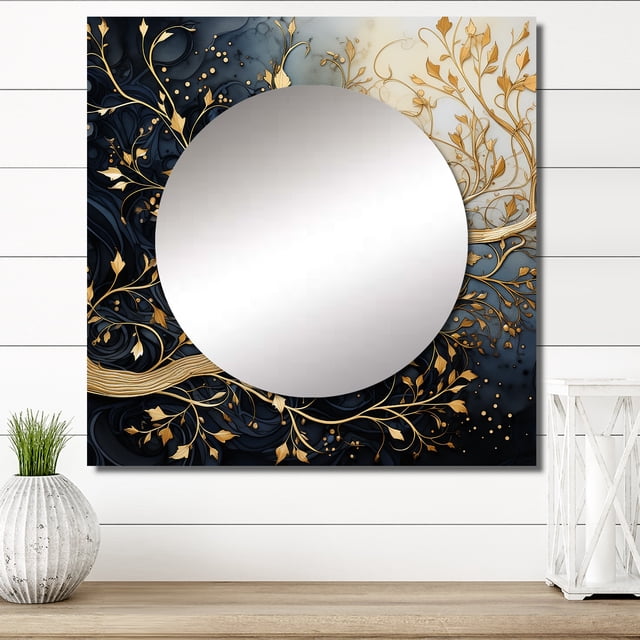 Designart "Luminous Tangle Golden Branch I" Tree Monochrome Square Mirror For Wall Decor - Large Gold Square Printed Wall Mirror Art - Square Traditional Mirror - Wall Mounted Square Large Mirror