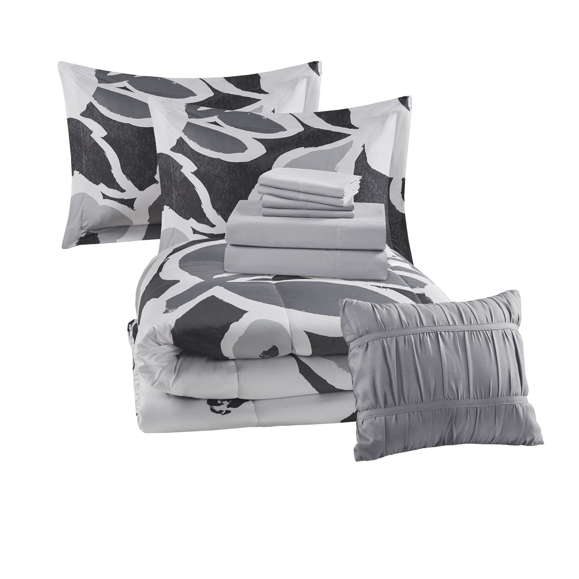 Free Shipping! Mainstays Rich Black Floral 10 Piece Bed in a Bag Comforter Set with Sheets, Queen, F(图5)