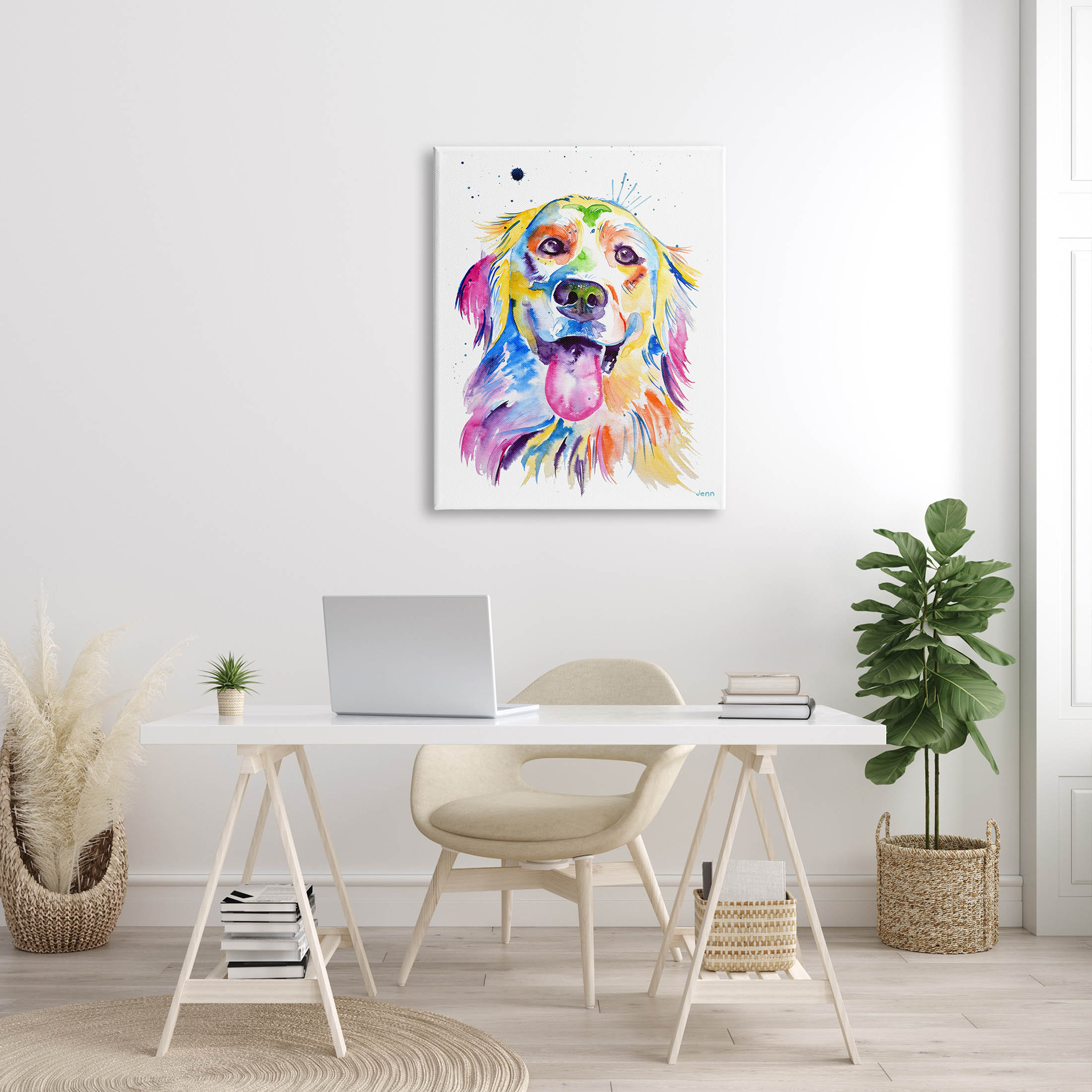 Watercolor Style Happy Dog Face Animals & Insects Graphic Art Gallery Wrapped Canvas Print Wall Art
