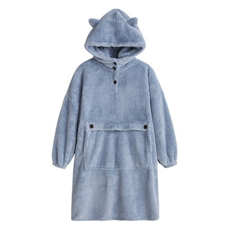 

Gureui Women s Autumn Winter Casual Oversized Flannel Bathrobe One Piece Hooded Pajamas Long Sleeve Solid Button Fuzzy Fleece Mid Length Winter Warm Nightgown with Pocket