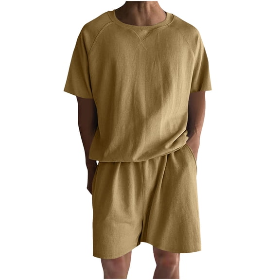 WRKEKC Outfits for Men Casual Solid Color Short Sleeve Shorts Set with Matching Top and Bottoms for Simple Everyday Wear