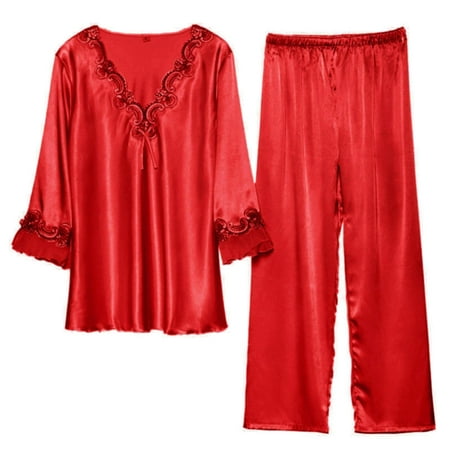 

Ice Silk Sexy Lace Pajamas Ladies Summer Silk Nightgown Set Home Clothes Women Size XL