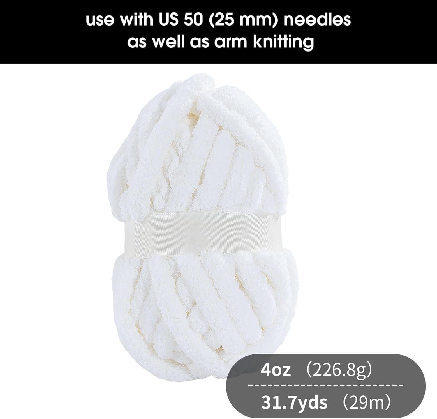 Pure White Chunky Chenille Yarn for Crocheting, Bulky Thick Fluffy Yarn for Knitting,Super Bulky Chunky Yarn for Hand Knitting Blanket, Soft Plush Yarn, 2 Jumbo Pack (27 yds,8 oz Each Skein)