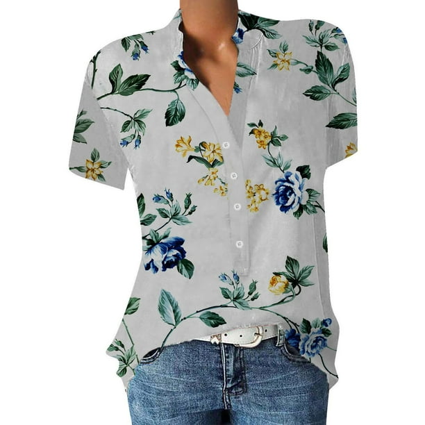 Camisas de verano para mujer, camisetas de manga corta con cuello en V para mujer con botones y estampado de flores OAVQHLG3B Store lin121212