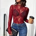 thumbnail image 5 of Stichou Womens Lace Mesh Tops Long Sleeve Floral Sheer See Through Tops Mock Neck Shirts Party Club Night Blouses Wine XL, 5 of 7