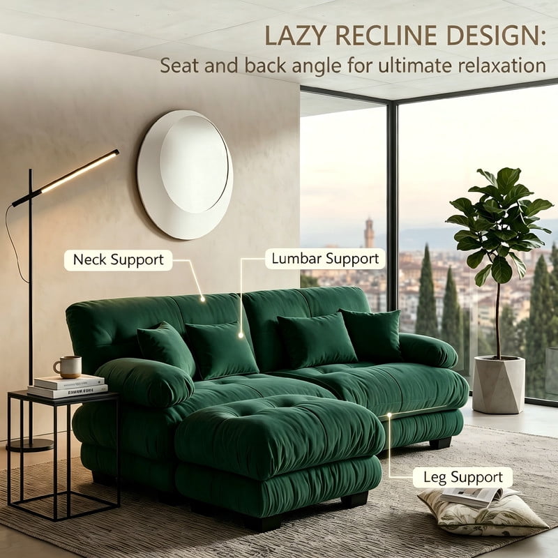 ANPPORT Cloud Couch Sleeper Sofa, Chenille Green 2-Seater Modular Sofa with 1 Ottomans, 2 Lumbar pillows, 2 Pillows, Comfy Deep Seat Cloud Sofa, Convertible L-Shaped Floor Couch for Living Room