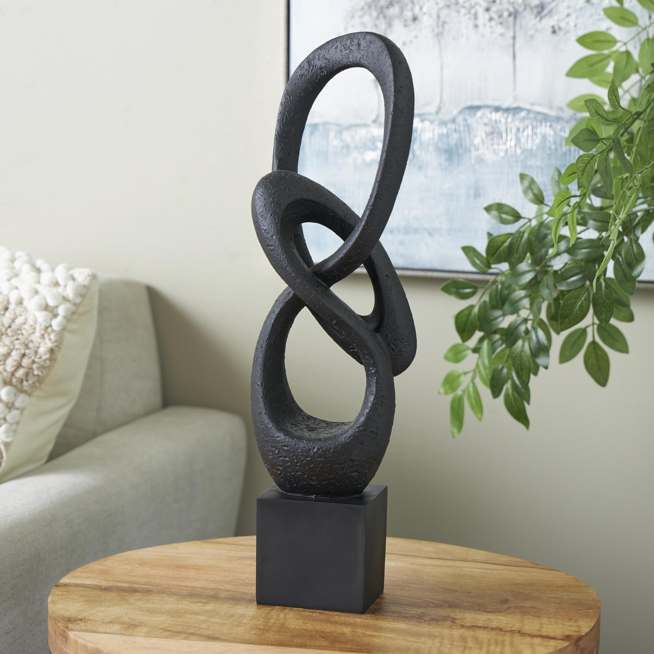 6" x 20" Black Polystone Intertwined Loop Abstract Sculpture with Block Base, by DecMode