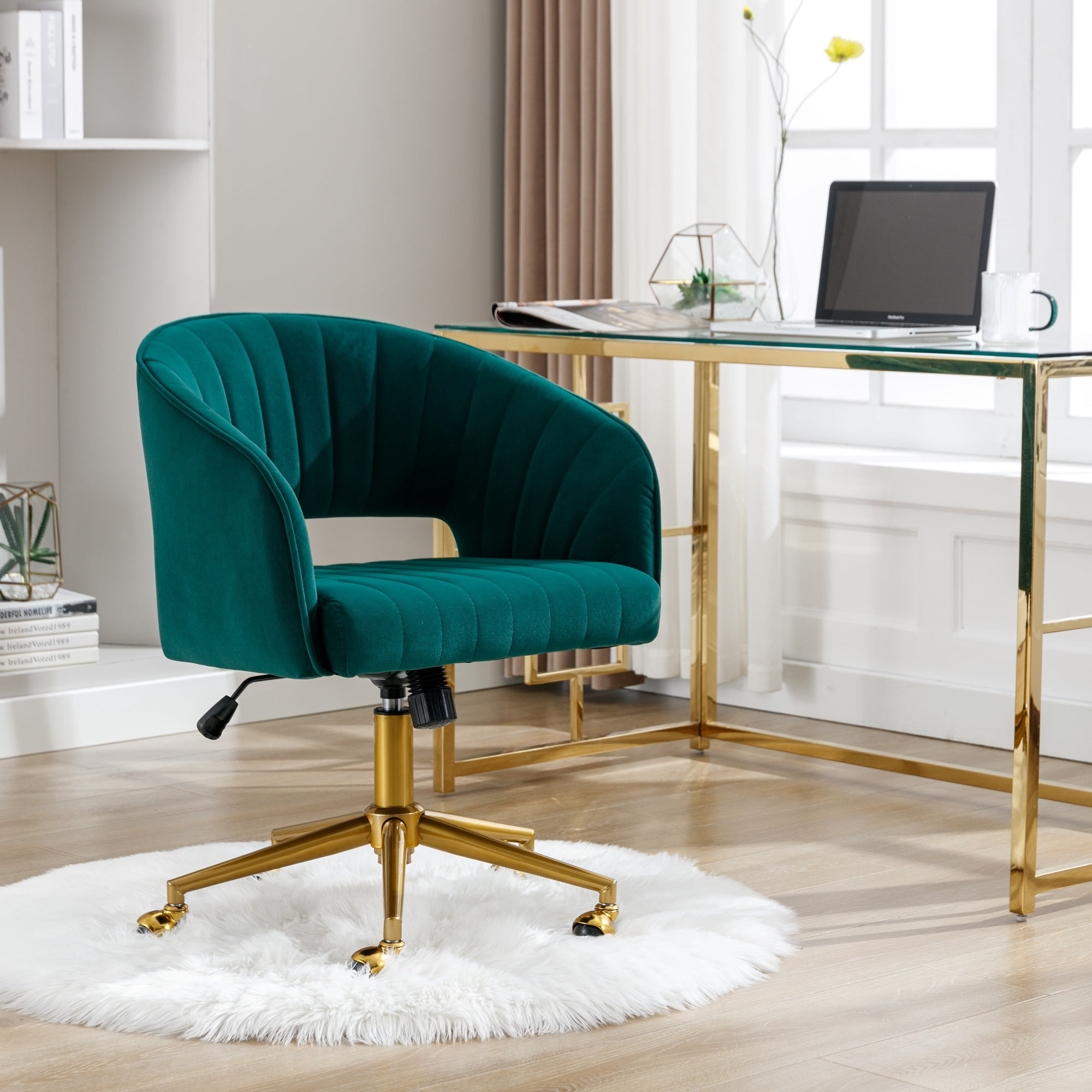 KCC Velvet Office Chair for Women, Swivel Vanity Desk Chair with Gold Base and Wheels, Adjustable Upholstered Chair for Bedroom, Makeup Room and Home Office(Green)