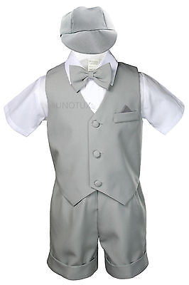 Baby Boy Toddler Vest Shorts Silver Gray Suit Extra Vest Necktie 7pc Set S-4T 