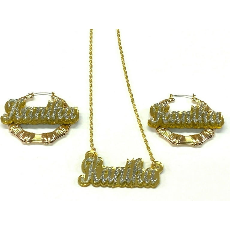 Matching Necklace With Quality Gold Chain and Size Choice Bamboo Earrings Name Plate Jewelry Set Color Background Selection Personalized Any Name