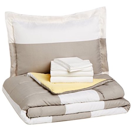 Basics 5-Piece Light-Weight Microfiber Bed-In-A-Bag Comforter Bedding Set - Twin or Twin XL, Reversible Grey Stripe