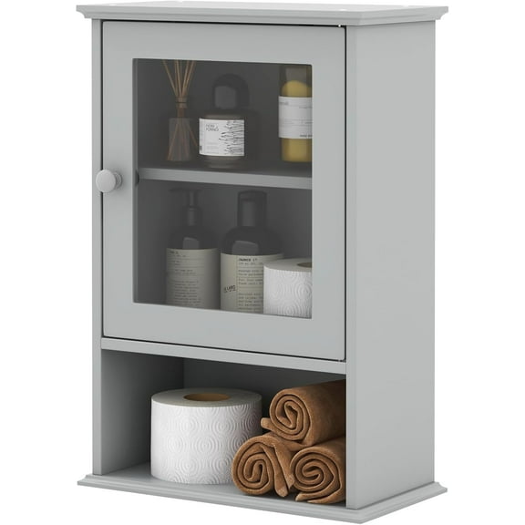 Hyxoo Bathroom Wall Cabinet, Over The Toilet Storage Organizer with Adjustable Shelf & Tempered Glass Door, Modern Wall Mounted Medicine Cabinet for Bathroom, Living Room, Entryway,Gray