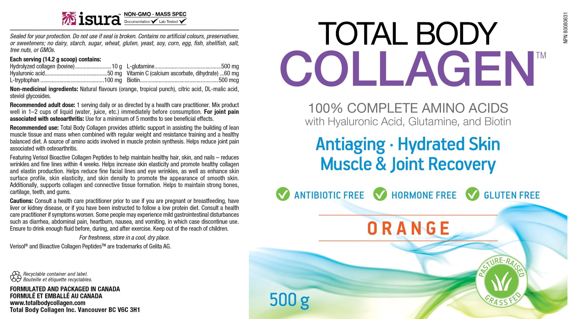 Natural Factors Total Body Collagen, Bioactive Peptides Powder for Healthy Skin, Hair & Joints, Orange, 500 g