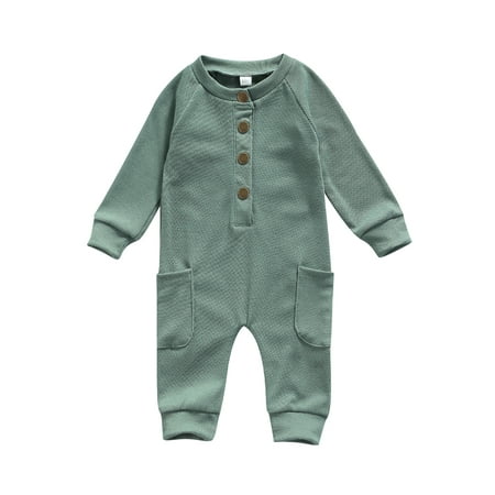 

Toddler Baby Boys Girls Ribbed Romper Fall Winter Solid Color Long Sleeve Jumpsuit with Pockets