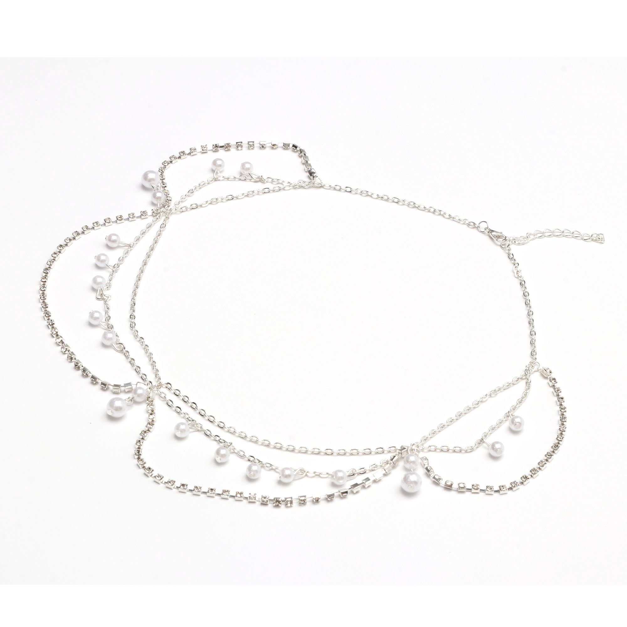 Unique Bargains Headpiece Multi-layered Rhinestone Faux Pearls Head Chain Silver Tone