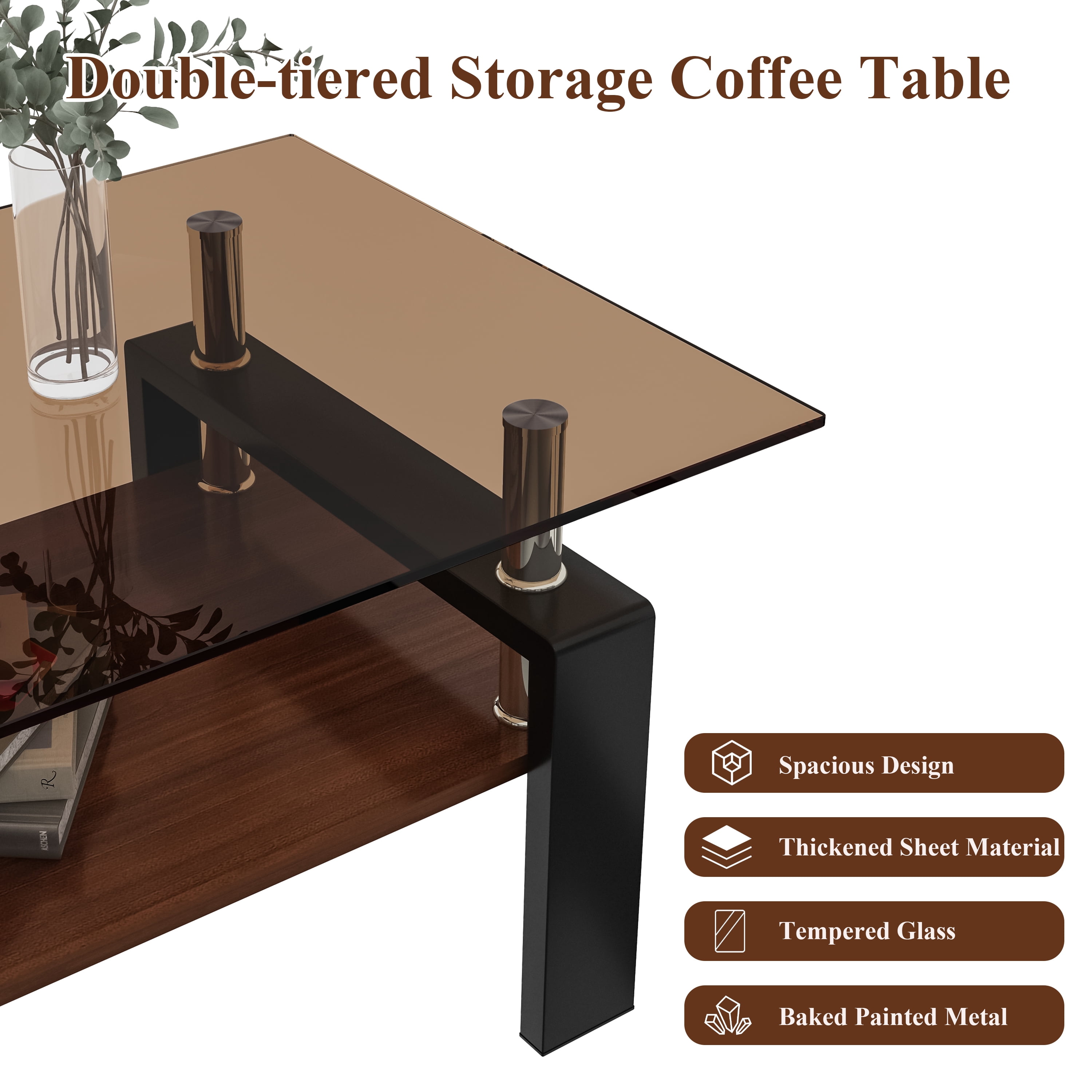 MAYEERTY Rectangle Coffee Table with Brown Tempered Glass & MDF Shelf