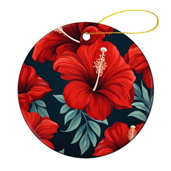 Christmas Ceramic Ornament Red Hawaiian Hibiscus Flower Double Sided Porcelain 3 Inch Summer Tropical Flowers Christmas Tree Ceramic Ornament Decoration Merry Xmas for Family & Friends