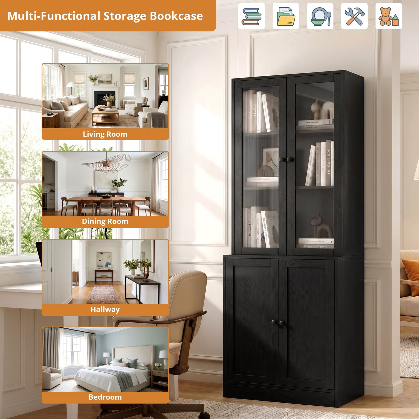 RichYa 71'' Tall Bookcase with Glass Doors, 3-Tier Display Bookshelf & 5-Tier Storage Cabinet for Home Office Living Room