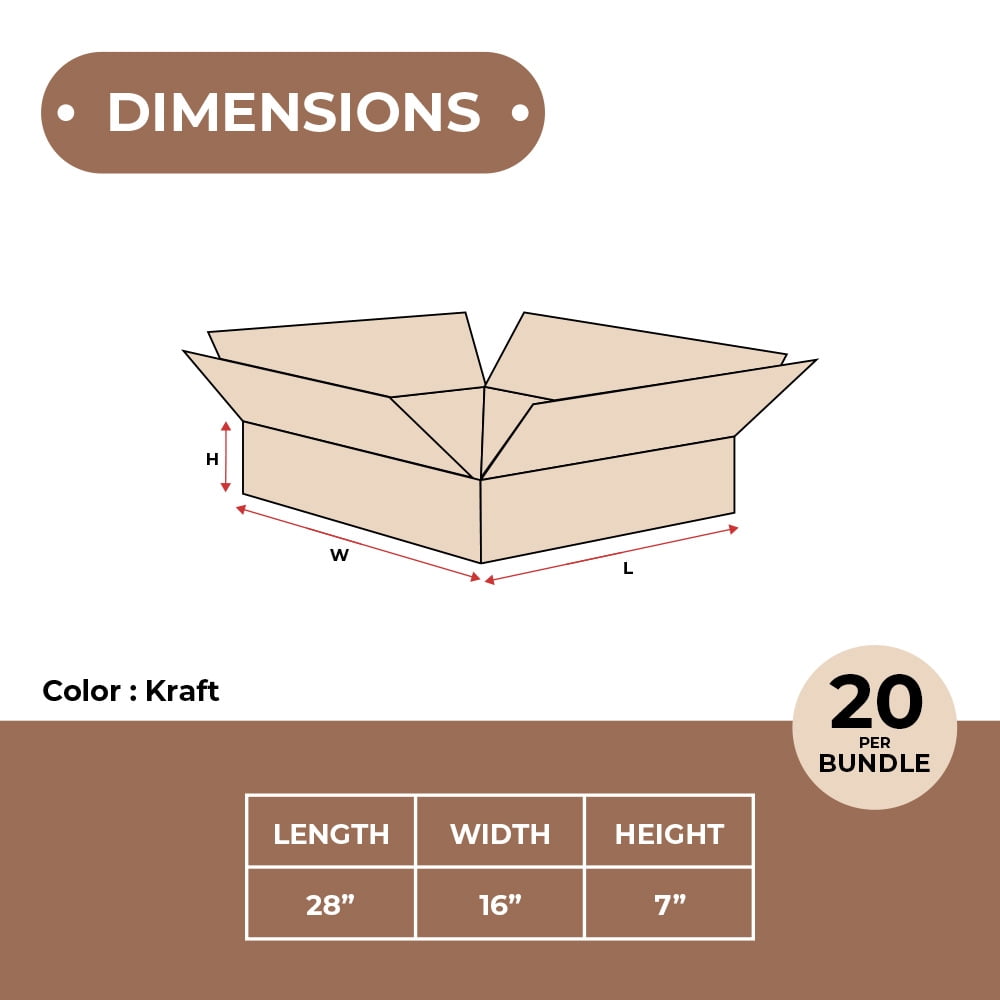 SSBM 28" x 16" x 7" Kraft ECT-32 Single Wall Corrugated Flat Boxes Shipping Packing 20/BUNDLE