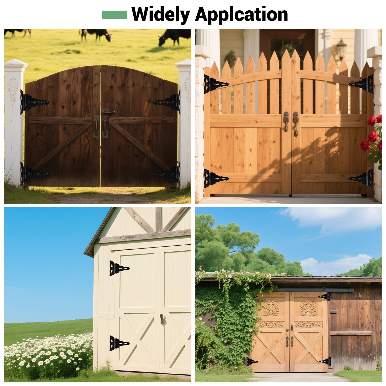 WellMade 4 Pack Heavy Duty Gate Hinges，8 in Decorative T Strap Hinge Wood Fence with Screws for Barn Doors, Storage Bins, and Tool Boxes