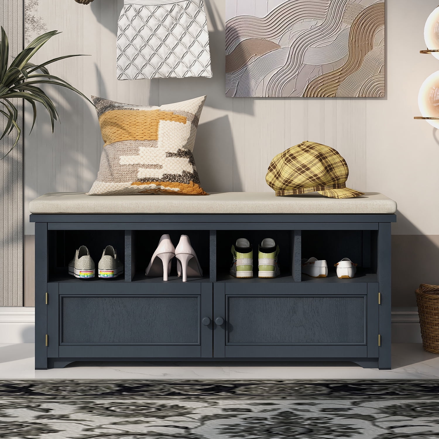 Kadyn Rustic Style Two-Door Storage Bench, Shoe Entryway Bench with Linen Upholstered Top Cushion, Pine Organizer Footrest Bench Ottoman for Entryway, Antique Navy Kadyn Rustic Style Two-Door Storage Bench, Shoe Entryway Bench with Linen Upholstered Top Cushion, Pine Organizer Footrest Bench Ottoman for Entryway, Antique Navy
