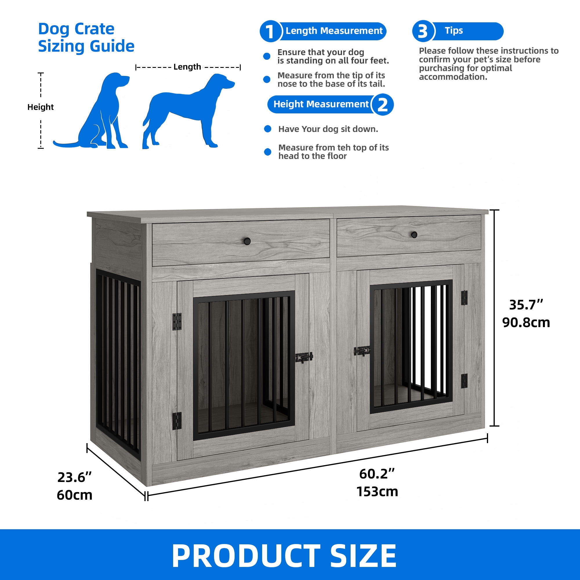 Dextrus 60" Large Double Door Dog Crate Furniture with Locks, Indoor Dog Cage Table with Removable Divider & 2 Storage Drawers, Gray