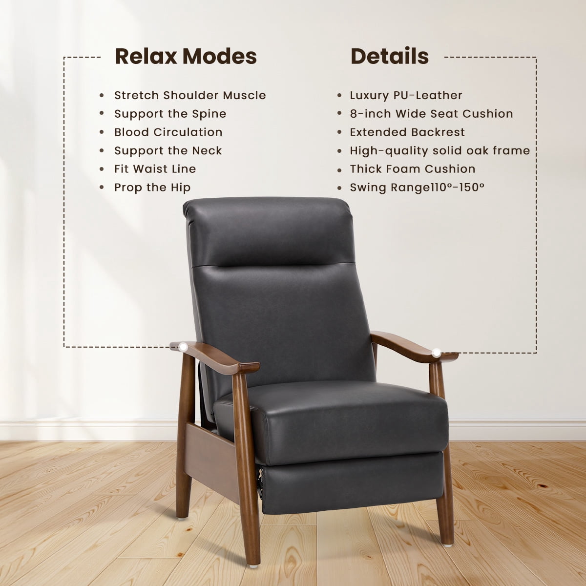 AFO Mid Century Modern Recliner Chair Set of 2, Leather Push Back Armchair with Retractable Footrest, Solid Wood Legs, High Back Lounge Chair for Living Room, Black