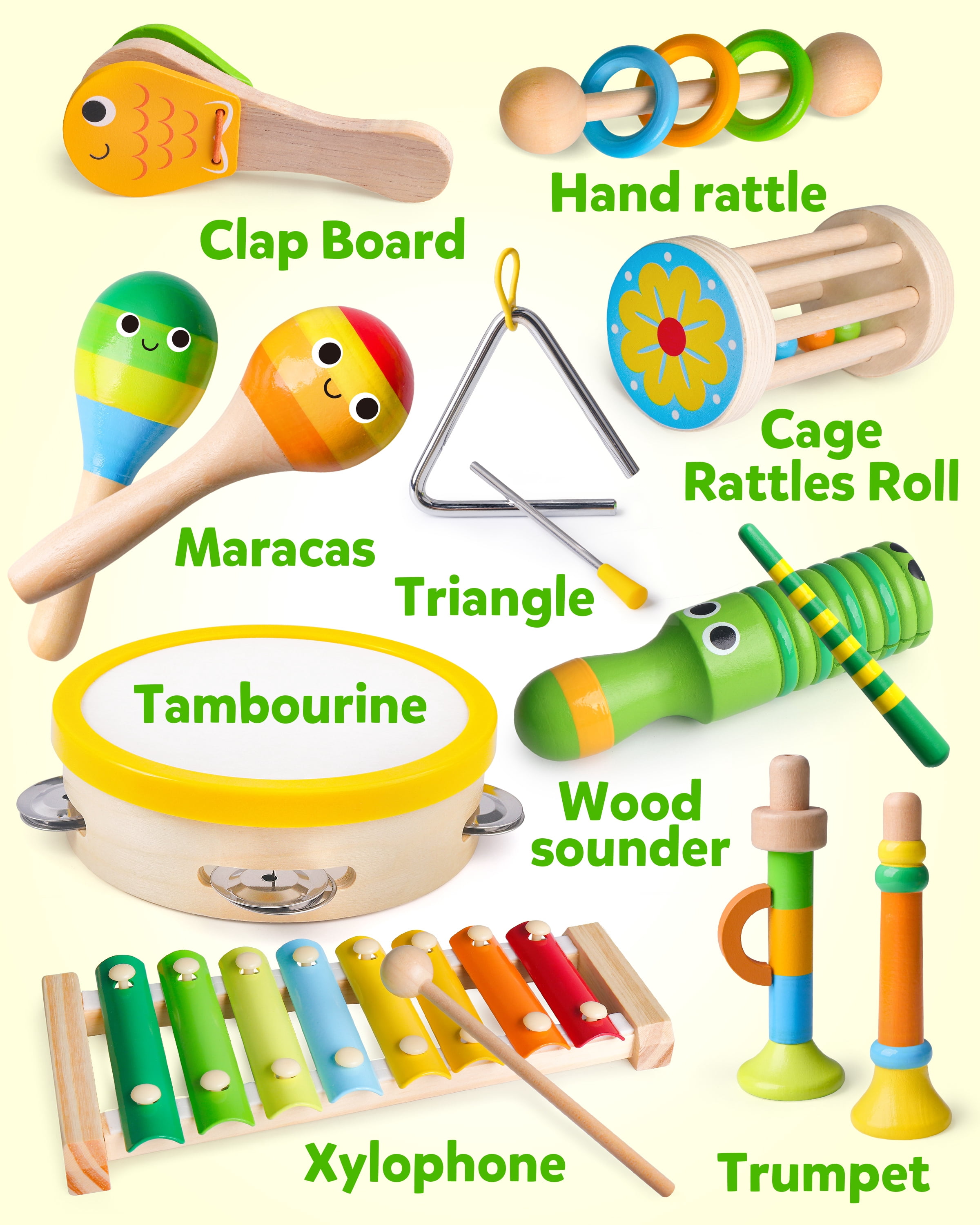 Coogam Wooden Musical Instruments for Toddlers, Tambourine Xylophone Castanet Flute Maracas Playset, Wood Percussion Rhythm Music Toy, Montessori Educational Learning for 1 Years Old