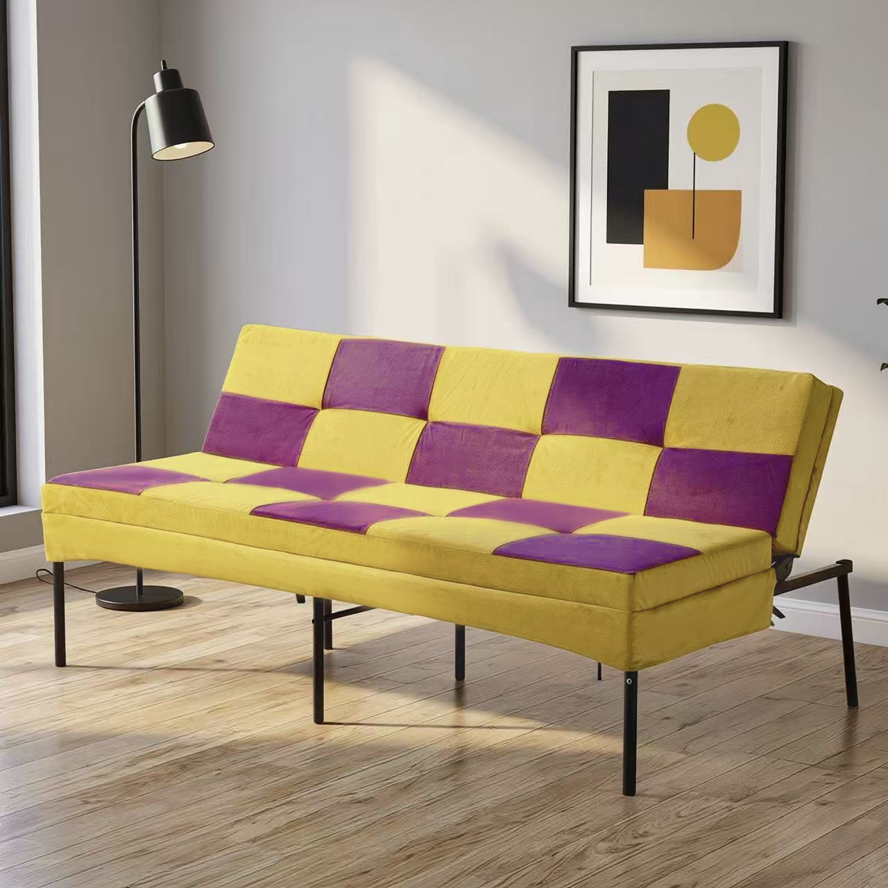BSHTI 63.39" Velvet Convertible Futon Sofa Bed with 5-Position Adjustable Backrest , Twin Size Couch Sleeper Sofa for Living Room, Bedroom, Dormitory Purple&Yellow