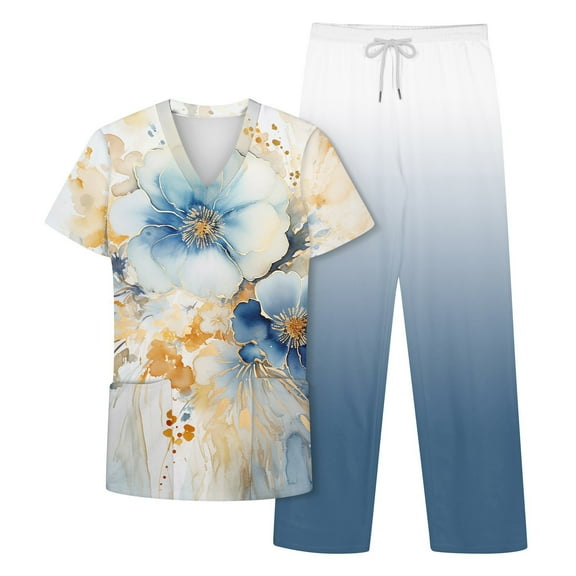 NAMTYQX Medical Scrubs for Women Short Sleeve V Neck Casual Floral Jogger Scrub Set 4-Way Stretch Blue Size 2XL