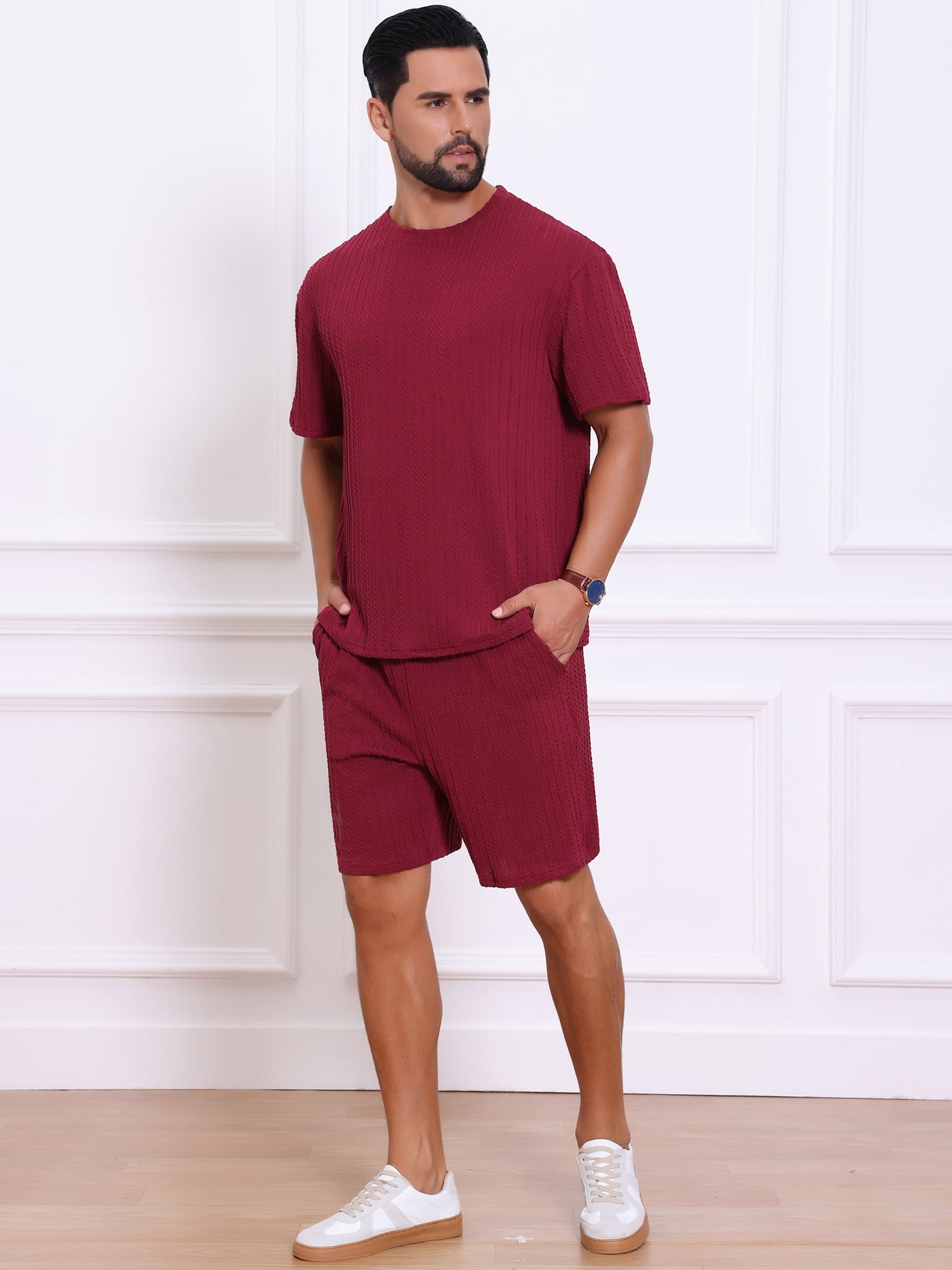 DARING DIVA Men's 2 Pieces Texture Crew Neck Shirt Top and Shorts Outfits 3XL Burgundy