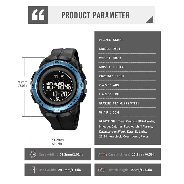 Tauxra Multifunctional Electronic Watch With Step Counting Compass 50M Water Resistance For Outdoor Hiking Camping