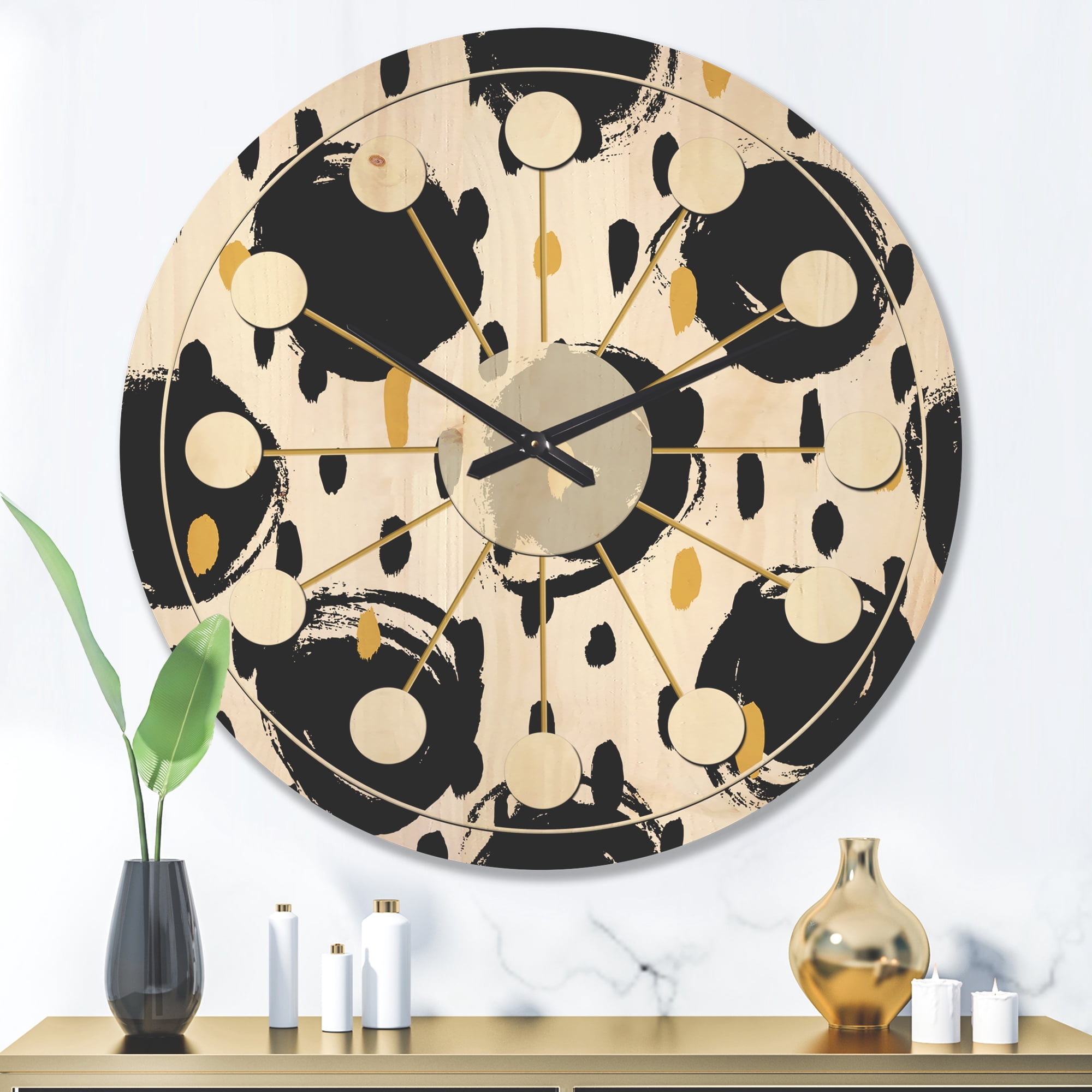 Designart 'Black and White Geometric Pattern V' Mid-Century Modern Wood Wall Clock