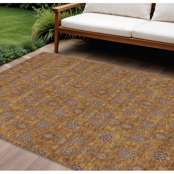 9' X 12' Copper Beige And Taupe Floral Washable Indoor Outdoor Area Rug