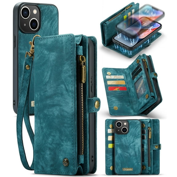 For Apple iPhone 15 Wallet Case,Multi-Functional Retro Leather Purse Flip Cover Zipper Wallet Case with Removable Card Slots Pocket & Detachable Wrist Strap Magnetic Phone Case, Green