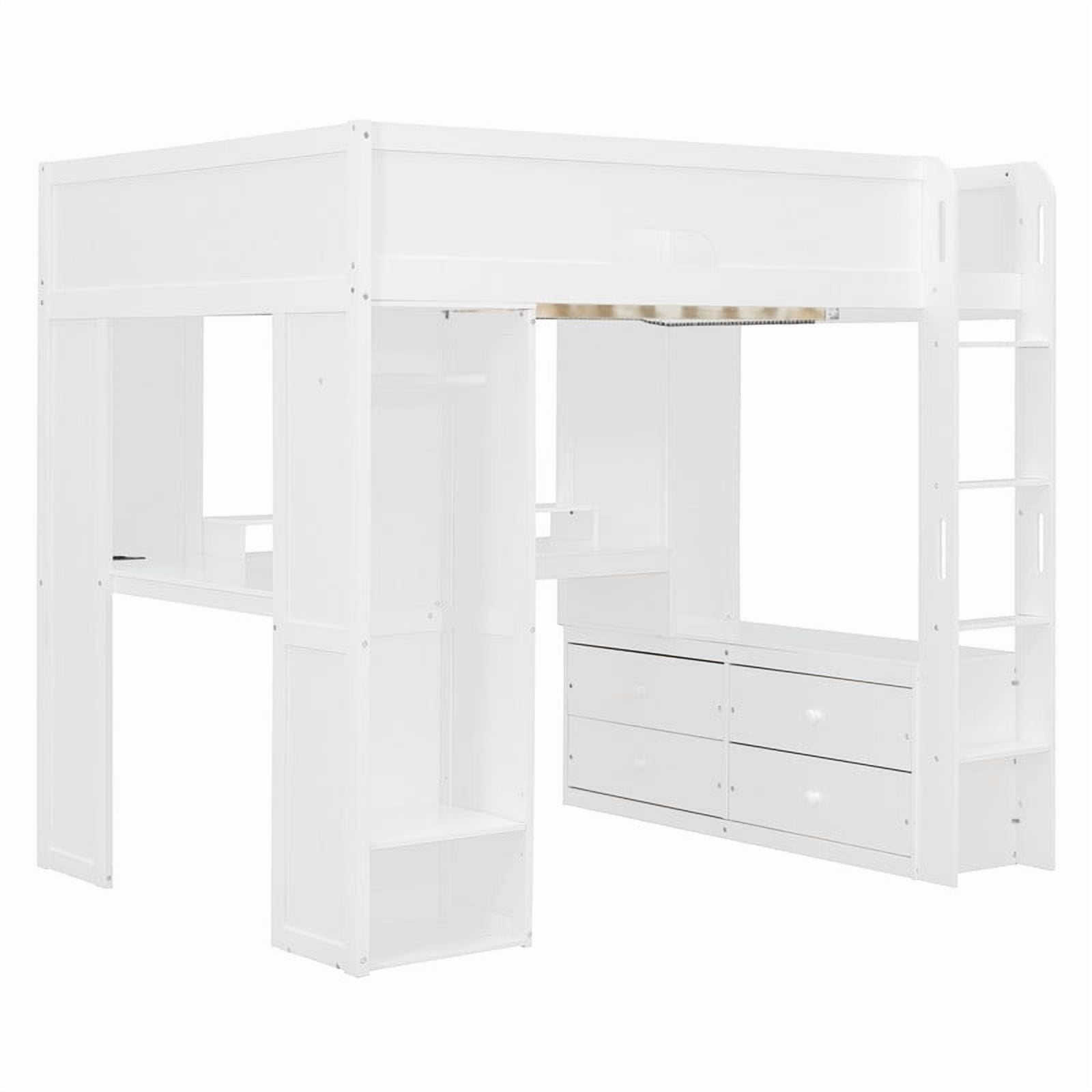 Full Versatile Loft Bed with L-Shaped Desk, LED Light Strip & Charging Station, Storage Kids Bed Frame with Drawers & Wardrobe